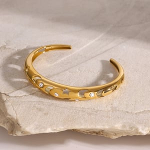 1 Piece Simple Series Casual Sun/Moon Stainless Steel  Gold Color Rhinestone Women's Cuff Bracelets h5 